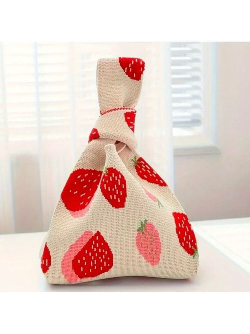 Heavy Woven Knit Strawberry Pattern Tote Purse Bag Japanese Knot Closure Style - Picture 3 of 5